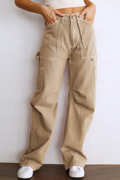 High Waist Straight Leg Cargo Pants with Pockets